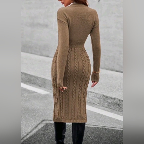 New Cable Knit Wrap Skirt Midi Dress Bodycon Tan Khaki Brown - Picture 6 of 10